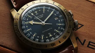 Glycine Airman The Chief blue dial with antique bronze color case.