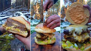 Dirty Cheeseburger in the frosty forest🔥ASMR cooking