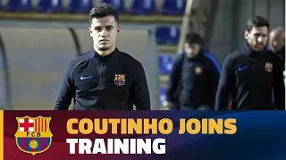 Coutinho joins his new team-mates for part of the session before the match against Betis