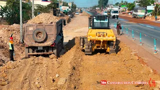 Excellent Techniques Operator Bulldozer Pushing Soil And Dump Trucks Building Side Road Foundation