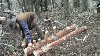 Primitive Splitting A Board Off A Log In The Woods.