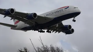 British Airways A380. 2 G0-AROUNDS!  Lands 3rd try. Stormy winds at London #Heathrow. 13 March 2023