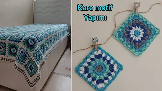 PART 1 / Tığ işi motifli örgü battaniye yatak örtüsü modelleri/kare motif granyy squara