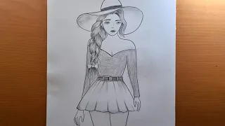 Como desenhar uma garota usando um chapéu grande || Esboço a lápis | desenhar garota linda