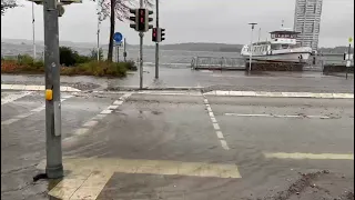 Sturmflut in Schleswig: Die Schlei rückt auch den Wohngebäuden am Gottorfer Damm immer näher.