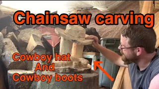 Chainsaw carving cowboy boots, hat and a snake!