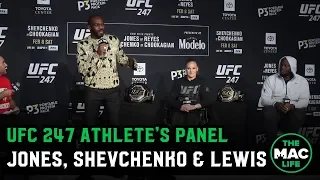 Jon Jones arrives late to join Valentina Shevchenko & Derrick Lewis | UFC 247 Athlete’s Panel