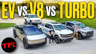 This Video Will Make EVERYONE Mad: Ford V-8 vs Ram Turbo I-6 vs Cybertruck Tow-off!