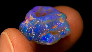Blue uncut gem rough opal with fire inside - I take its top off