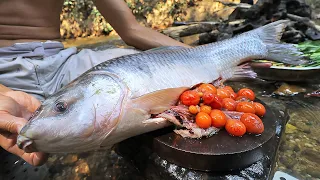 Wow! Amazing Cooking Biggest Fish (23,5 kg) n Egg Sour Soup Recipe in Forest