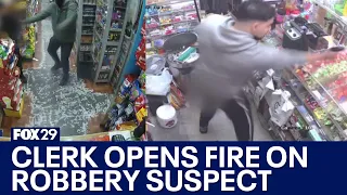 Watch: Store clerk opens fire on armed robbery suspect accused of violent crime spree