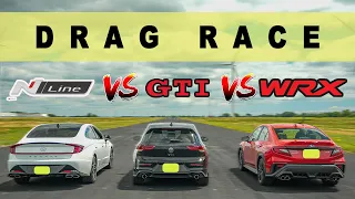 2022 VW Golf GTI DCT vs 2022 Subaru WRX SPT vs Hyundai Sonata Nline. Drag and Roll Race!