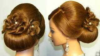 Bridal hairstyle for long hair, updo tutorial with braided flowers