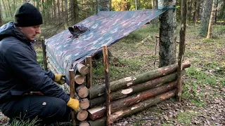 Building [LOG CABIN] into FOREST without POWER TOOLS | Two Days in BUSHCRAFT SHELTER #1