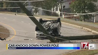 Car flips, takes down power lines on Jones Sausage Road in Raleigh