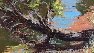 Palette knife oil painting over an acrylic base for Plein Air painting_water scene.
