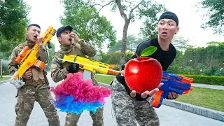 Battle Nerf War: Apple Salesman & Blue Police Nerf Guns Robbers Group Fighting Skills Funny