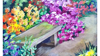 Park Bench Among the Flower Beds - Beginners Acrylic Painting Tutorial with Ginger Cook