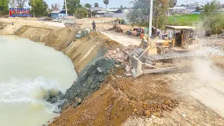 EP21 New Update! Excellent skill Dozer & Dump truck Dumping soil into water to Resize Road on canal