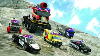 Fire Truck Frank Helps Taxi | Police Car Lucas, Dump Truck | Monster Truck Climbing Hill Competition