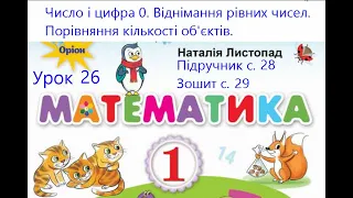 Математика 1 клас Листопад с 28 Урок 26 Число і цифра 0 Віднімання рівних чисел