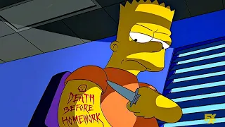 The Simpsons Bart with a knife-bang tattoo on his right arm