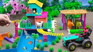 DIY Farm Diorama with Wooden Bridge | house animals | Cow shed - water pump | woodworking #74