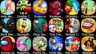 Plants Vs Zombies 2,StickWar Legacy,Skibydi Toilet,Choo Survival,Clue Hunter,SpongeBob Krusty,Snake