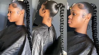 Sleek jumbo high braided ponytail using braiding hair || step by step invisible braid