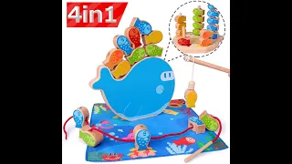 Wooden Magnetic Fishing Game 4 in 1 Montessori Stacking Game and Beaded Sorter Toys