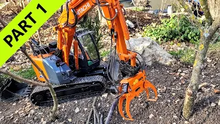 Tree felling and log crib wall construction. RC excavator Hitachi ZX135US, Grapple Saw. Part 1
