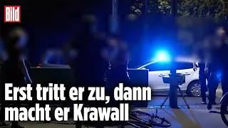 Radfahrer kickt mobilen Blitzer um – vor den Augen der Polizei