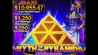 MYTH OF THE PYRAMIDS 21 free spin bonus and wild re spin feature with 5x 5x 2x payout