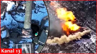 A projectile fired from a drone in a precise strike falls on Russian tank - the tank burns to ashes