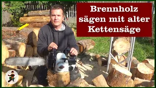 Brennholz sägen mit alter Kettensäge