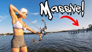 Bowfishing Million Dollar Docks for GIANT STINGRAYS!!! (Almost Pulled IN!!)