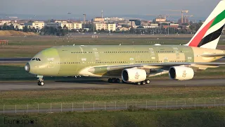 Emirates Airbus A380 flight test at Toulouse Blagnac Airport, include Touch and Go !