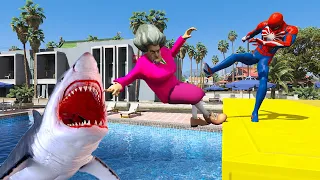 Scary Teacher 3D - Spiderman and Miss'T in Shark Pool. Fails/jump House Pranks - Game Animation