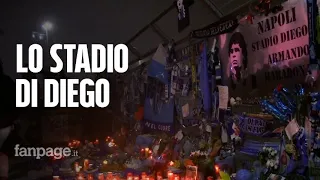 Maradona: l'omaggio allo stadio, mille torce luminose e un altare di fiori, sciarpe e lettere