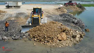 Unexpected​ Huge Dam Puddle Filling-PowerTeam Dozer Push Rocks & Truck Dump Rocks_Jobs​ Development​