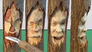 How to EASILY CARVE a funny WOODSPIRIT face sculpture in green wooden stick step by step tutorial