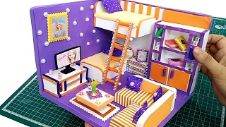 #diy Miniature Cardboard House-bedroom for two girls-Orange and purple-