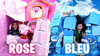 ON CONSTRUIT UNE CABANE D'UNE SEULE COULEUR ROSE VS BLEU ! (One Color Challenge)