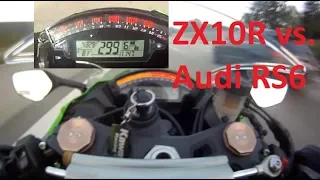 ➡️🏍️Kawasaki Ninja ZX 10R vs Audi RS6 ABT 700ps Part 1of4 German Highway Race 200mph 300mkh flyby