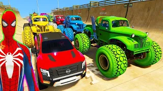 SPIDERMAN CARS Monster Trucks Mega Rampa Challenge ! SUPERHERO HULK Iron Man Goku Racing