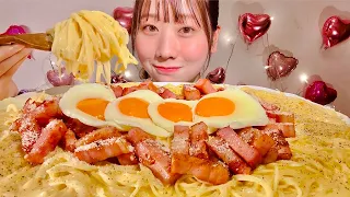 ASMR Carbonara with Fried Egg【Mukbang/ Eating Sounds】【English subtitles】