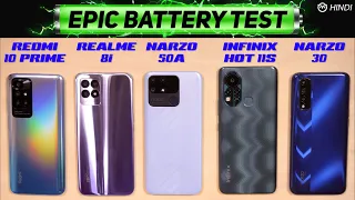 Narzo 50A vs Infinix Hot 11s, Realmi 8i, Redmi 10 Prime Battery Drain Test | Charging | Gaming Test