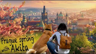Whispers of Spring Romance: Exploring Petřín Hill, Prague with Akita Dog