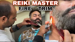 Fire 🔥 Hair trimming and Beard shape up with Scissor ASMR and Straight Razor by Reiki Master