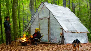 Building a cabin with Plastic Wrap and wood for only $10 | Camping in the forest